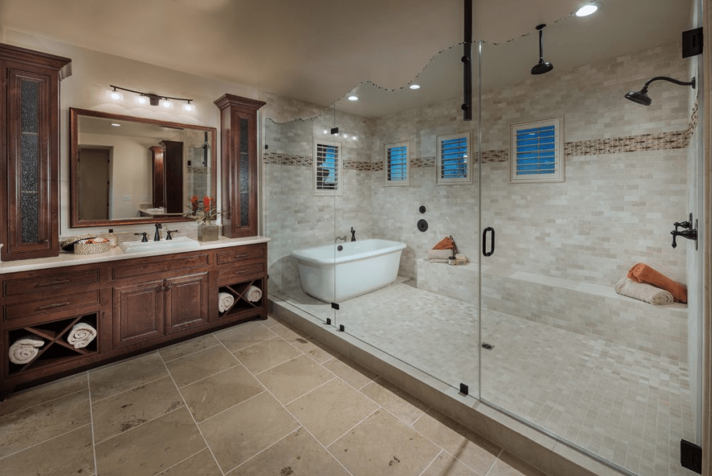This spa-inspired bathroom at Crowne Point in Rocklin, CA is one of our hot 2018 design trends. 
