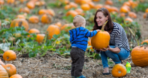 A mother and her toddler picking out pumpkins at a pumpkin patch, one of the many fun fall activities in our communities.