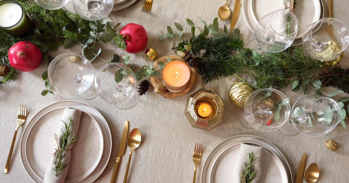 A festive dining area decorated with holiday decor. 