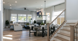 Bright, modern interior of a Tim Lewis Communities new construction home featuring open-concept living and designer finishes.