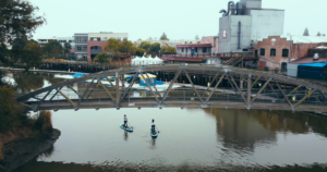 Petaluma riverfront with paddleboarders
