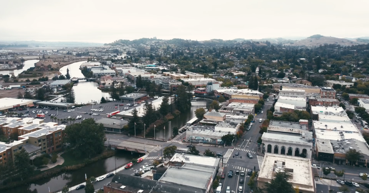 Ariel shot of downtown Petaluma