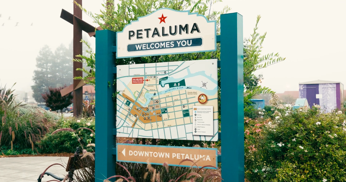 Petaluma welcome sign in downtown Petaluma, CA