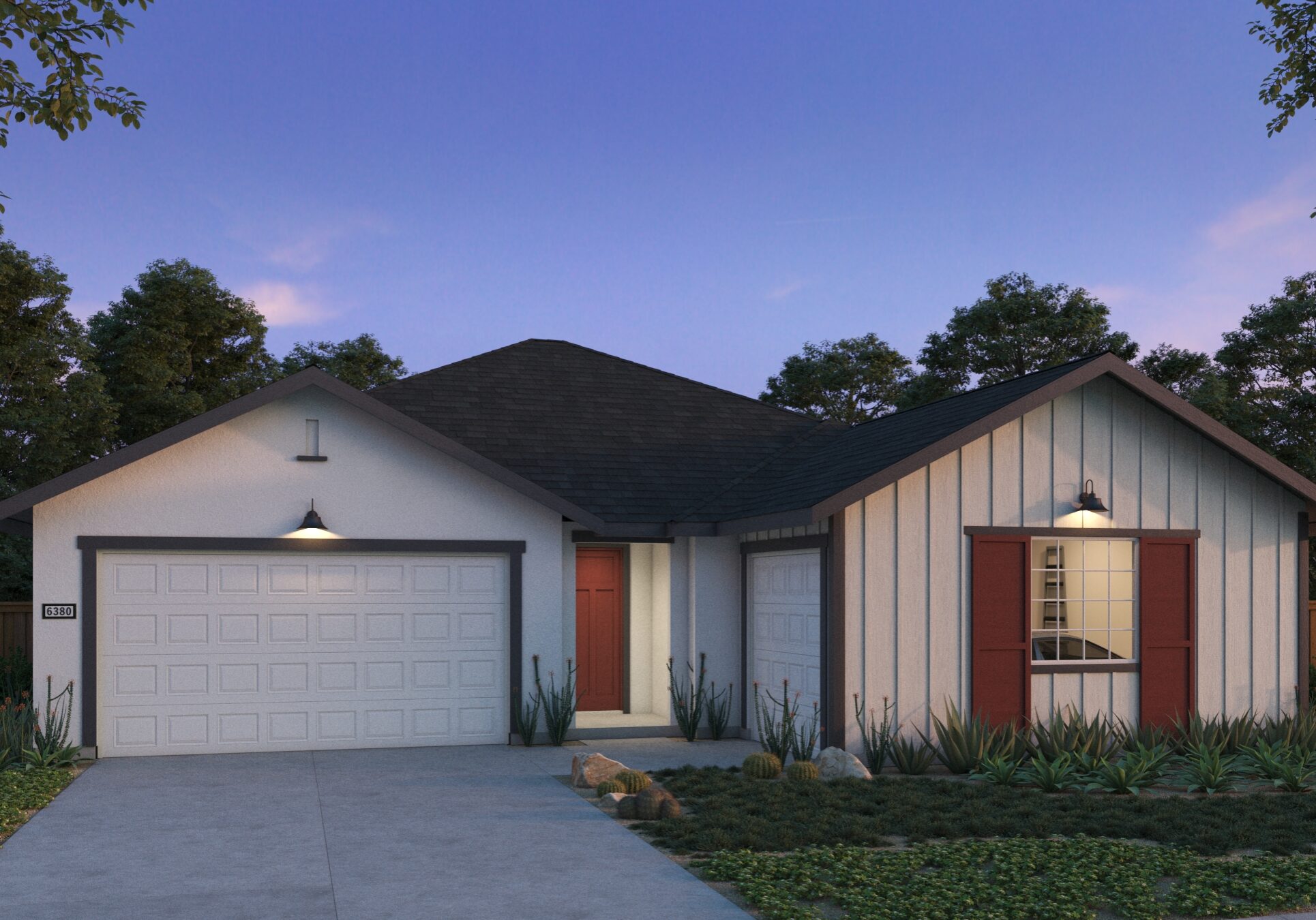 White exterior with red accents of the Farmhouse Plan 1 at Kingsbury Estates.